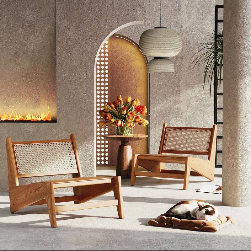 Rattan Chairs,Mid Century Modern Accent Chair Armless Reading Side Chair Living Room Chair Boho Chair with Wooden Frame