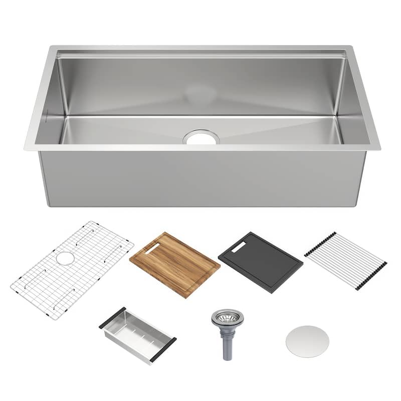 Whitehaus Undermount Single Bowl 16 Gauge Brushed Stainless Steel Workstation Sink With Accessories - 36 x 19