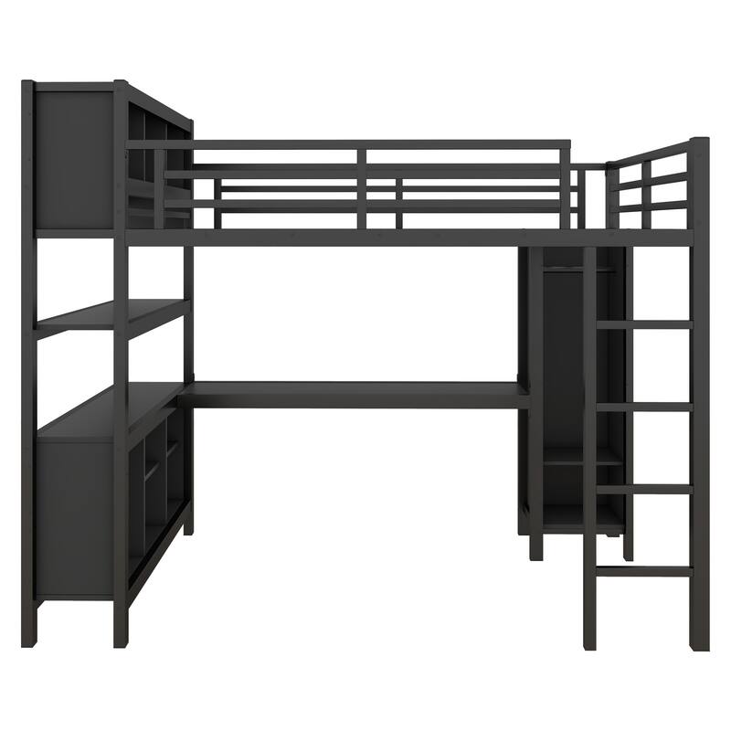 Full Size Metal Loft Bed with Wardrobe, L-Shaped Desk, Storage Cubes and Shelves