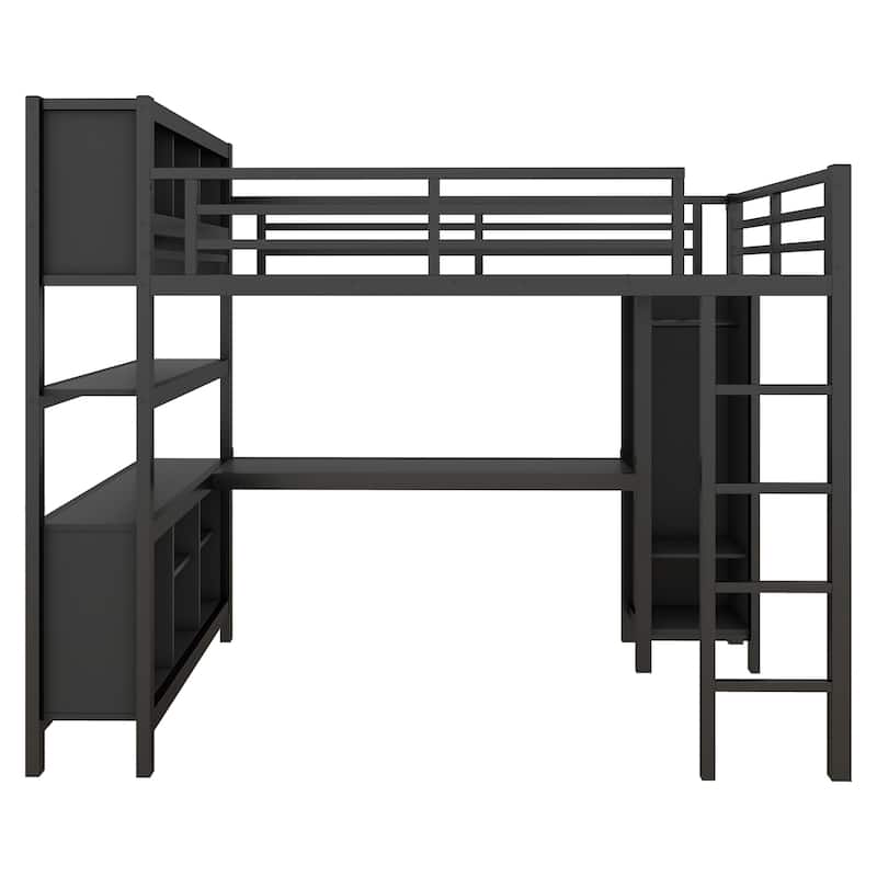 Full Size Metal Loft Bed with Wardrobe, L-shaped Desk, and Storage Shelves for Kids, Teens, and Adults, Black