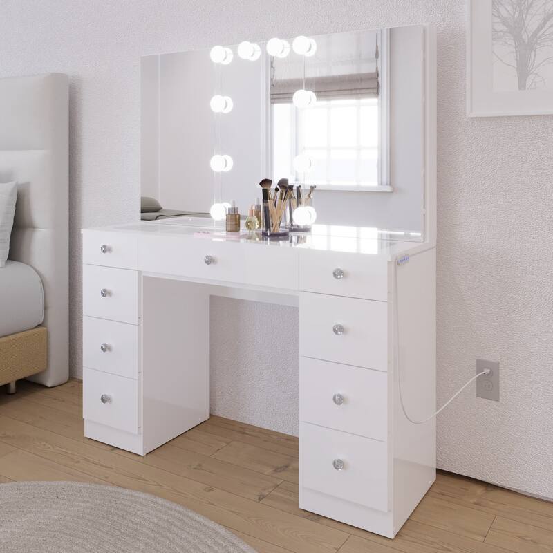 Boahaus w/Tri-Fold Lighted Makeup Vanity Desk With Glam Glass Top 9 Drawers
