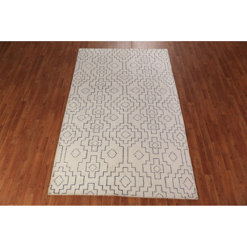 All-Over Geometric Moroccan Modern Area Rug Hand-Knotted Wool Carpet - 4'10" x 7'10"