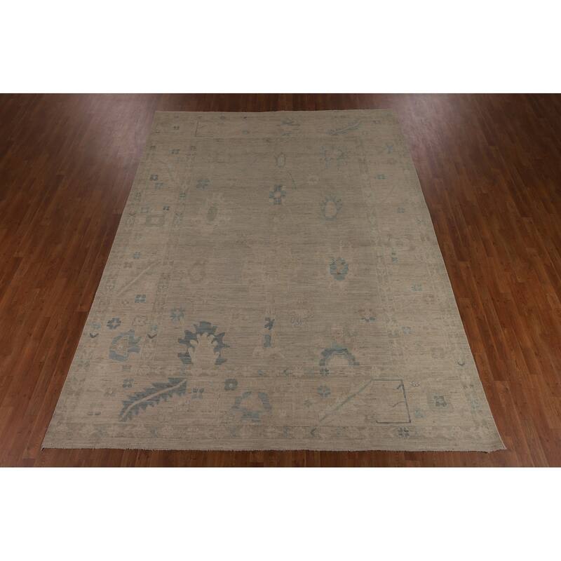 Beige Vegetable Dye Oushak Turkish Rug Hand-Knotted Floral Wool Carpet - 8'11"x 11'7"