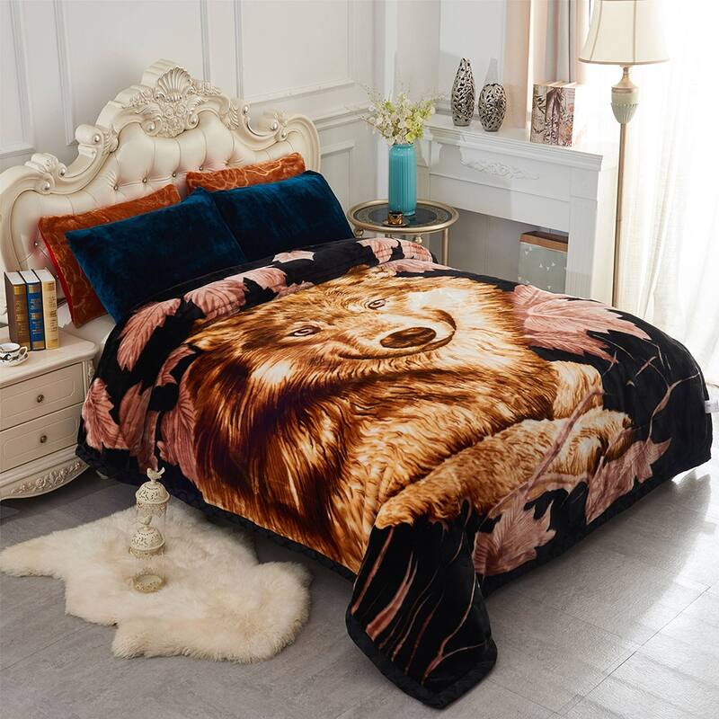 Floral & Animal 2-Ply Heavy Raschel Blanket 85" X 95" - King - Black Wolf