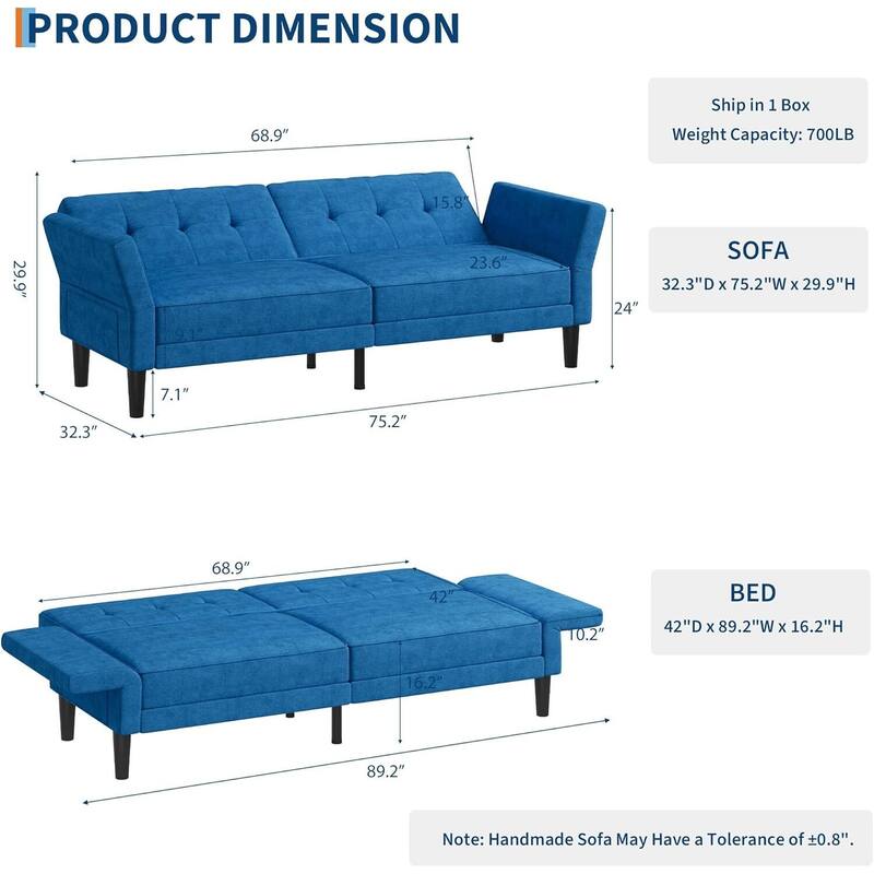 89" Futon Sofa Bed, with Adjustable Backrest & Armrest