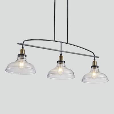 Industrial 3-Light Pendant Chandelier with Clear Glass Shades, Black Metal Frame, Adjustable Height