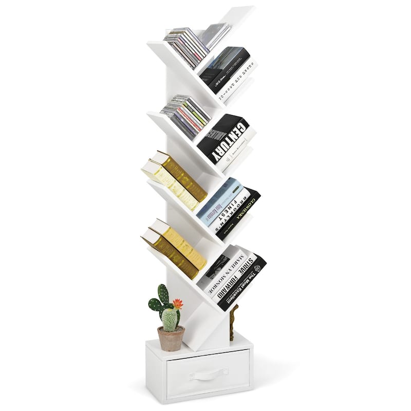 59" Tall Tree Design Bookshelf with 10 Open Shelves and Fabric Drawer for Small Spaces - 15'' x 8.5'' x 59'' (L x W x H)