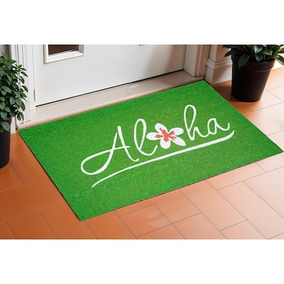 HomeRoots 17" X 29" Green And White Aloha Outdoor Coir Door Mat - 17' X '29