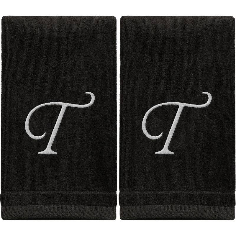 Monogrammed Black Towels Fingertip Embroidered with Initials - T