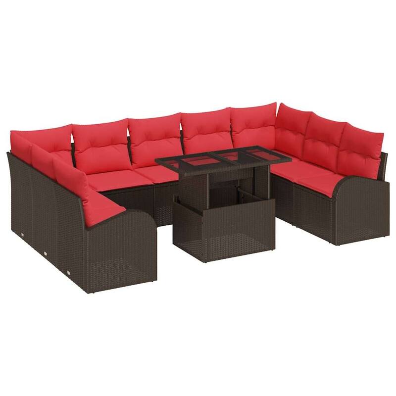 vidaXL 10 Garden Sofa Set with Cushions Black/Brown/Grey Poly Rattan - 113.8 x 70.5 x 27.2