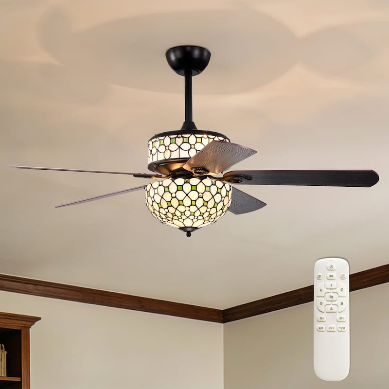 Guarvey 52-Inch Flushmount Two-Tiered Lighted Ceiling Fan Ivory Tiffany Glass Lamp Black Finish