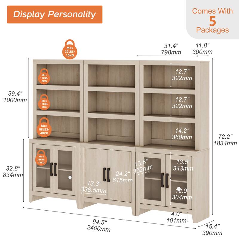 WAMPAT 74" Tall Bookshelf with Glass Doors, Farmhouse Bookcase with Open Shelves