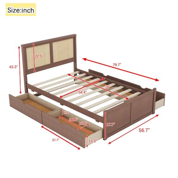 dimension image slide 2 of 4, Rattan Platform Bed Frame with 4 Storage Drawers and Wooden Rattan Headboard for Kids, No Box Spring Needed