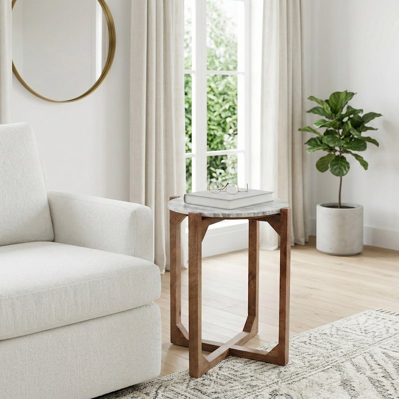 Modern Marble Top Accent End Table with Wood Base - 22.0"
