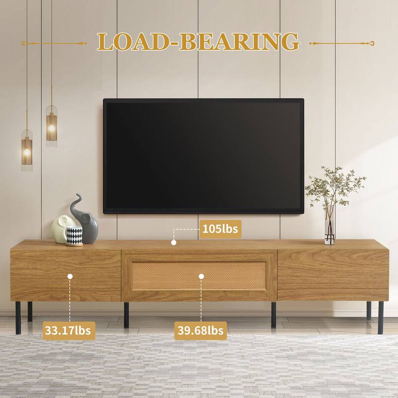 Boho TV Stand for TVs up to 80'', Rattan TV Stand with 3 Pull-Down Cabinets, Entertainment Center with Metal Legs, Media Console