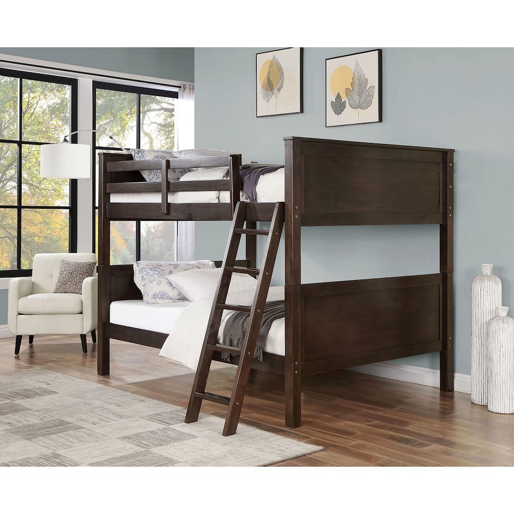 Transitional Style Full Over Full Bunk Bed With Footboard Ladder, Walnut