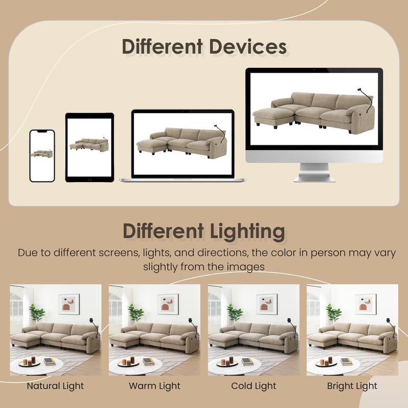 108" Modular U-Shape 4 Seat Sectional Sofa with USB and Type-C Charger, Phone Holder and 2 Side Storage Pockets and Ottoman