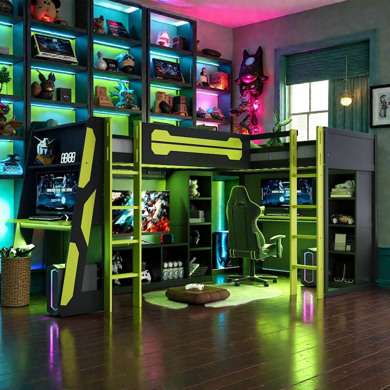 L-Shaped Twin Gaming Bed Frame with RGB LED Lights, USB Ports, TV Stand, Storage Shelves & Reversible Loft Design