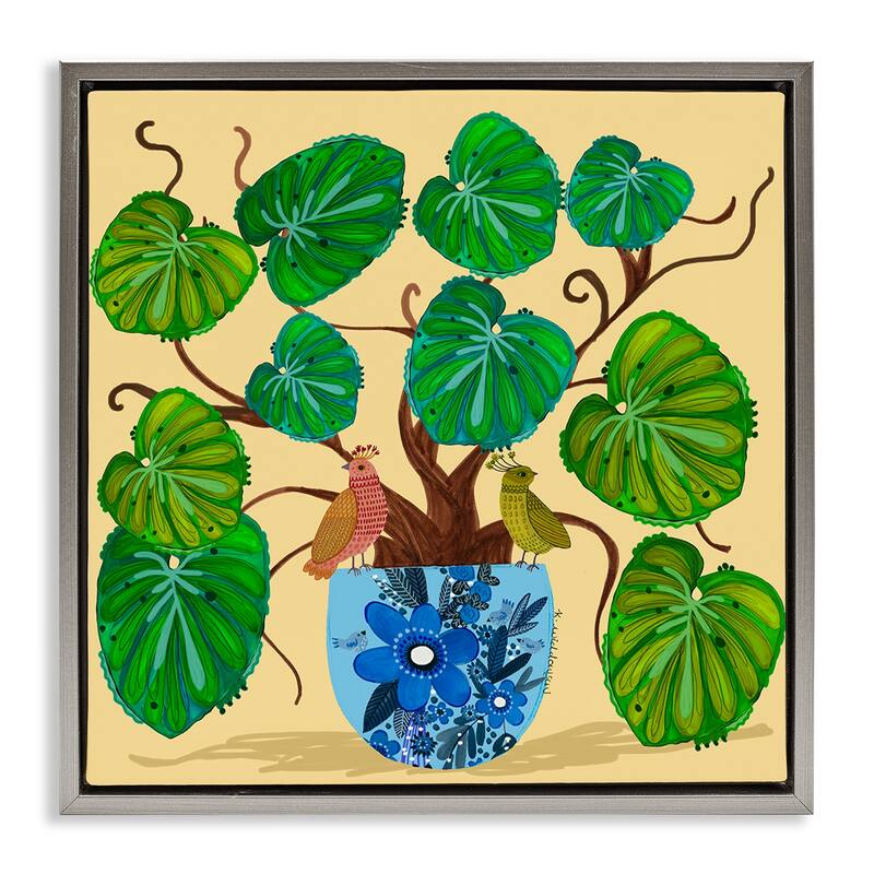Stupell Potted Plant & Birds Perched Framed Floater Canvas Wall Art Design By Kay Widdowson - 18 x 18 - Grey
