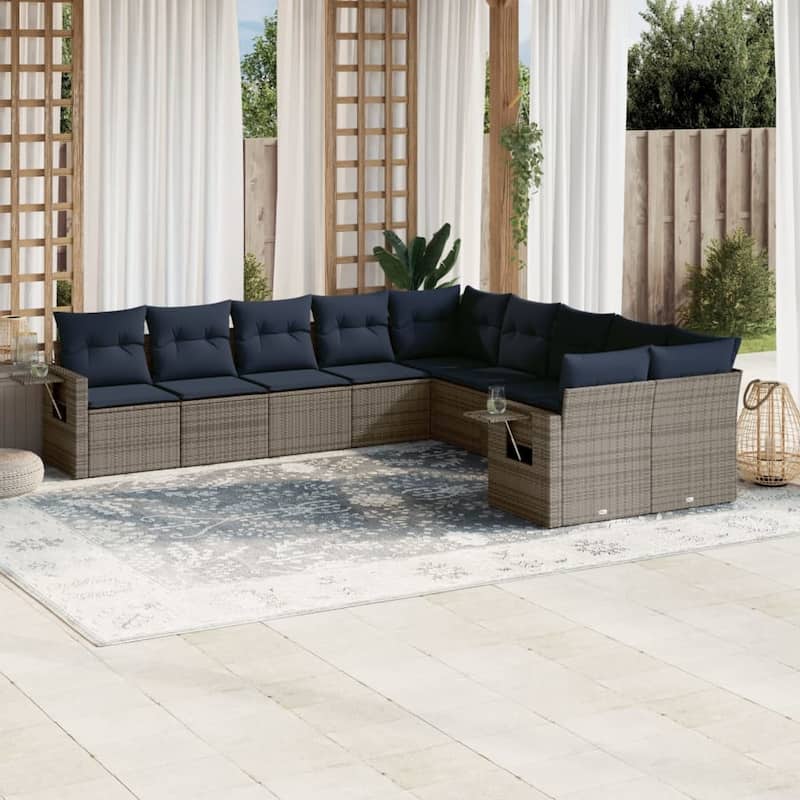 vidaXL Patio Sofa Set with Cushions Outdoor Conversation Furniture Poly Rattan - 24.4 x 24.4 x 27.2 - Grey and Blue-Without table