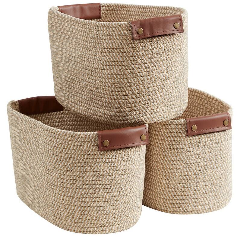 3 Pack Woven Cotton Rope Shelf Storage Basket with Leather Handles, Baby Nursery Storage Bin Organizers, Closet Shelf Storage - Multi-Brown