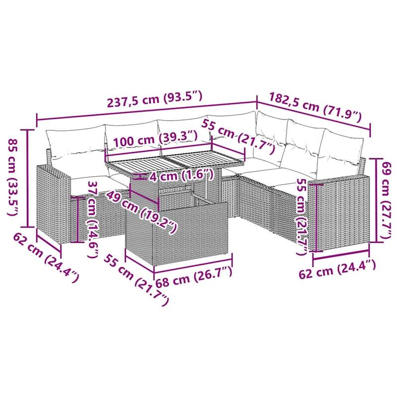 vidaXL Patio Sofa Set with Cushions Table and Sofa Sections 7 Piece Poly Rattan - 21.7 x 24.4 x 27.2