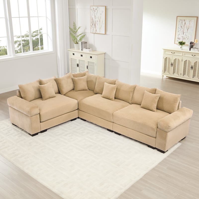 GDFStudio - Corduroy L-Shaped 4-Seater 116.9" Cloud Modular Sectional Couch - Camel
