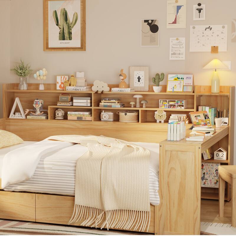 Full Size Wooden Daybed Platform Bed with Recessed Desk Storage Shelves and 2 Drawers Under Bed for Compact Spaces, Bedroom