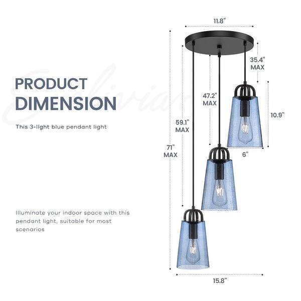 dimension image slide 1 of 2, 3-Light Cluster Pendant Light with Blue Seeded Glass