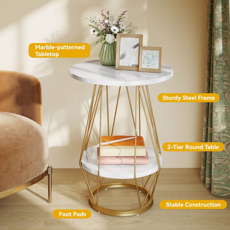 Moasis Modern 2-Tier Faux Marble Side Table Chairside Table with Shelf for Living Room