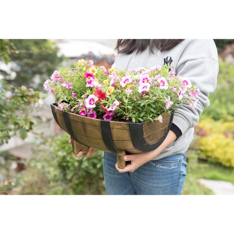 Gardenised 2-Piece Rectangular Half Barrel Flower Pots Rustic Farmhouse Style Faux Wood Planter Containers for Indoor & Outdoor