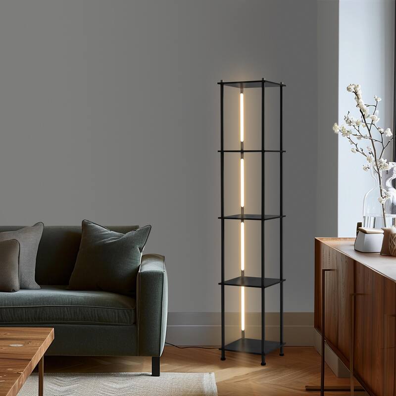 Brightech Aria 63 in. Classic Black Mid-Century Modern 4-Light 3-Way Dimming LED Shelf Floor Lamp with Built-In Wireless Charger