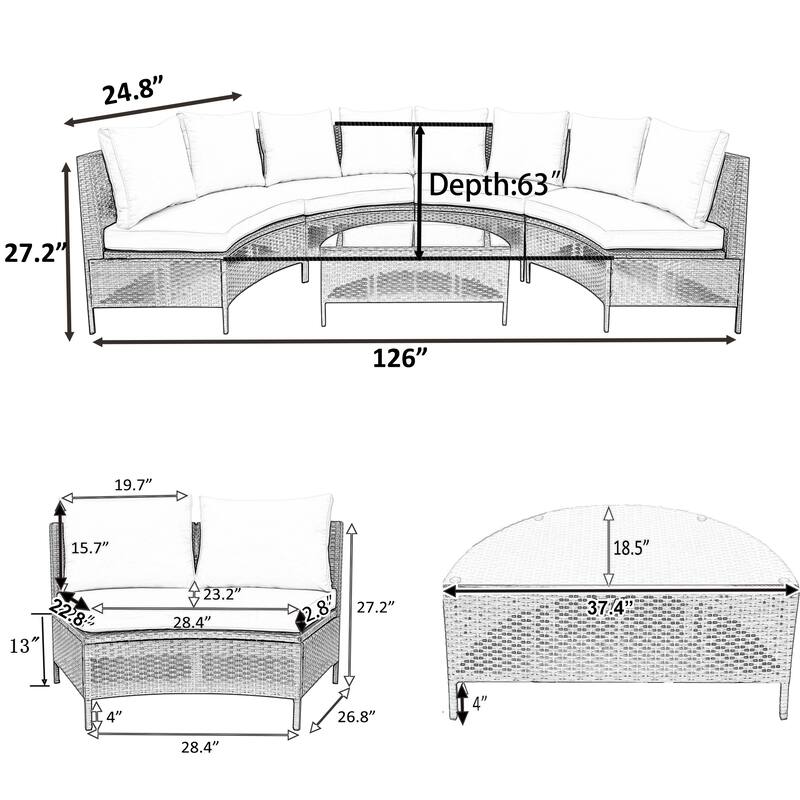 5-Piece Half-Moon PE Rattan Patio Sofa Set with Cushions & Tempered Glass Table, Outdoor Sectional Seating Group