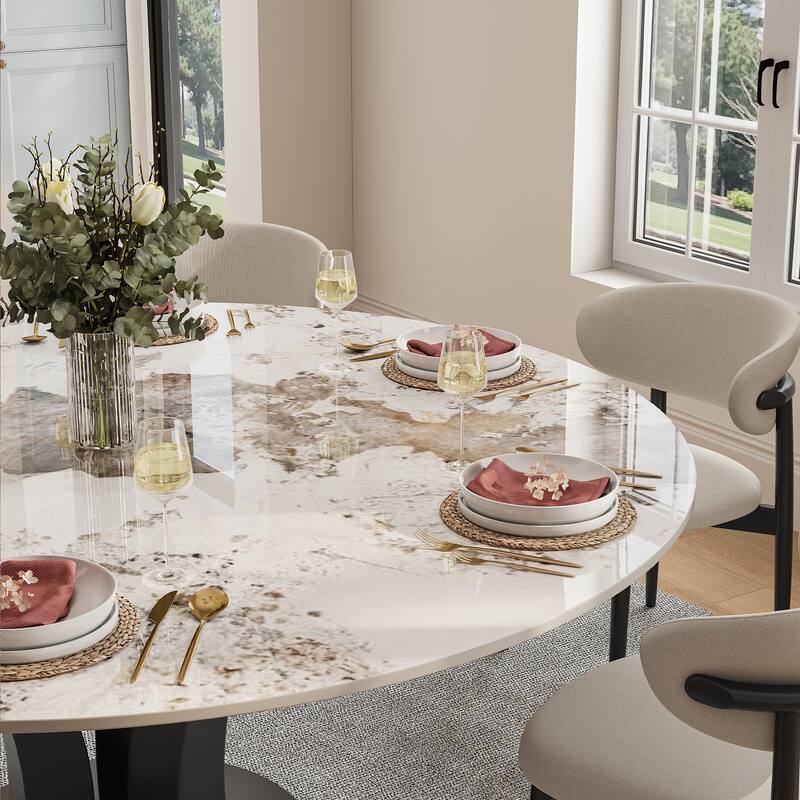 59" Round Sintered Stone Dining Table for 6-8, Glossy Pandora Table top