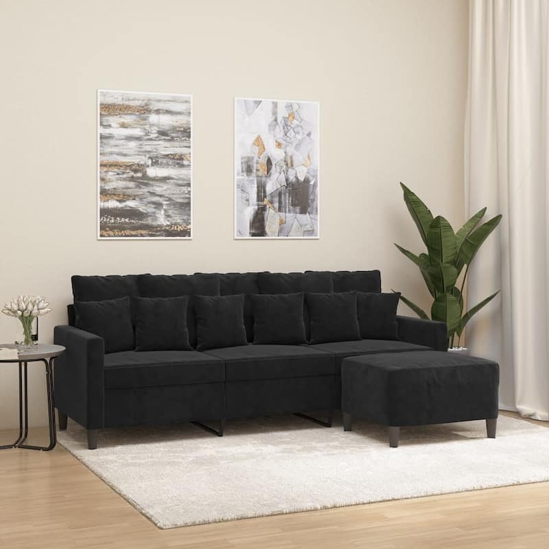 vidaXL Sofa 3-Seater Couch Sofa Armchair with Footstool for Living Room Velvet - 30.3 x 77.95 x 31.5 in - Black