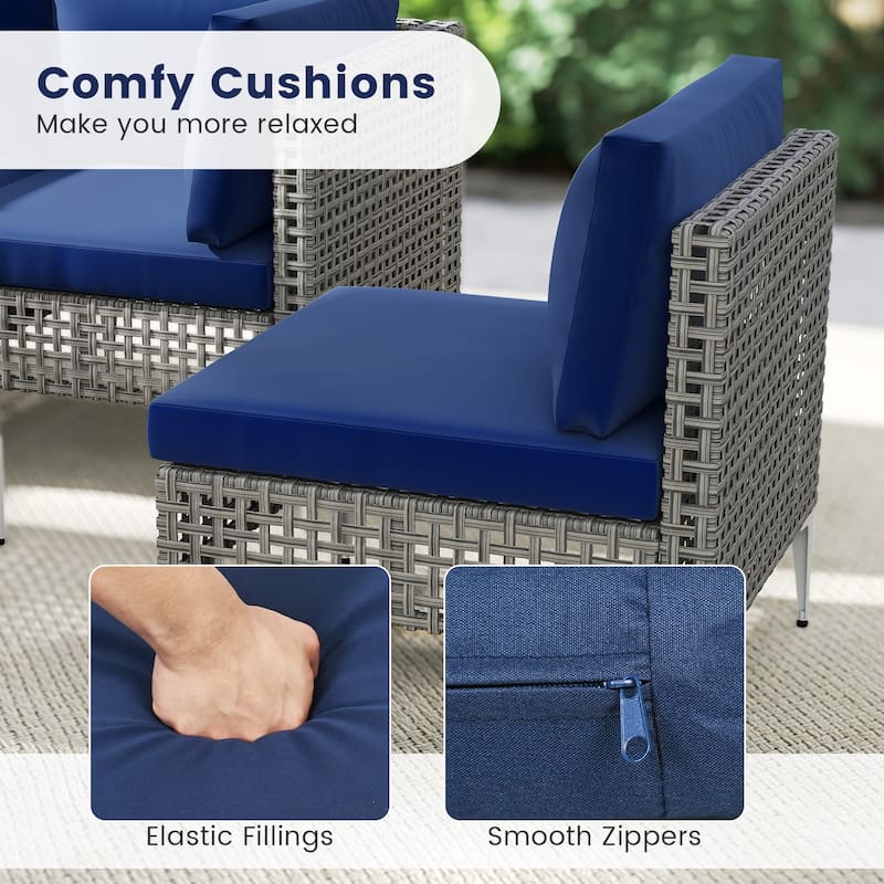 5-Piece Outdoor Patio Sofa Set with Navy Cushions and PE Rattan Sectional and Glass Coffee Table - 26" x 24" x 26"