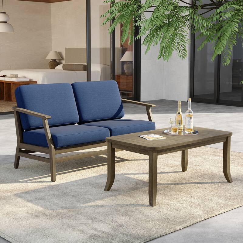 Outdoor Loveseat Sofa with Coffee Table Teak Wood Patio Furniture - NaturalFrame-Navy