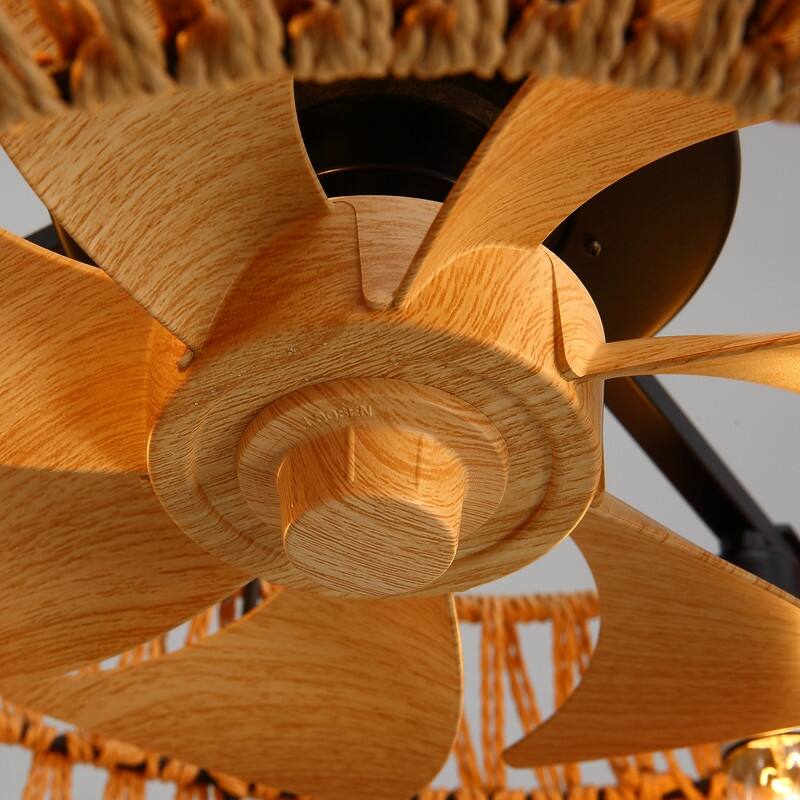 20" Boho Caged Ceiling Fan with Lights Remote Control Rattan Low Profile Ceiling Fan Farmhouse Ceiling Fansfor Kitchen Bedroom