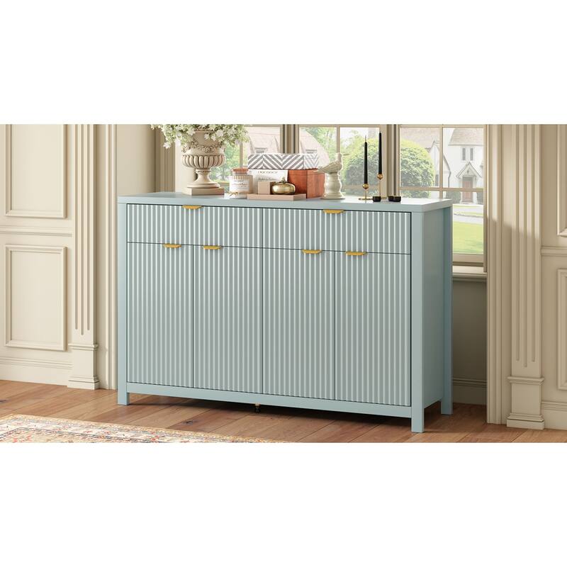 Roomfitters Sideboard Buffet Cabinet with 2 Drawers, 4 Door Mid-century Modern Fluted Storage for Kitchen & Dining Room, Cyan