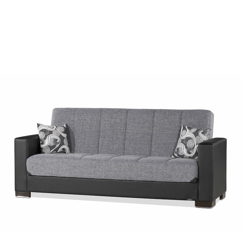 HomeRoots 87" Gray And Black Chenille And Faux Leather Convertible Futon Sleeper Sofa And Toss Pillows With Storage
