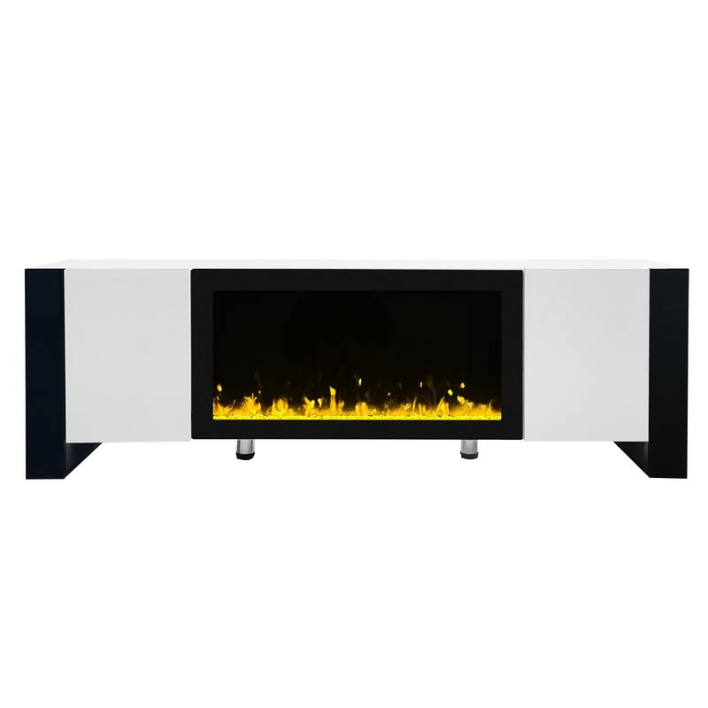 Modern High Gloss Finish V Stand with 34.2" Non-heating Electric Fireplace, Entertainment Center with 2 Cabinets