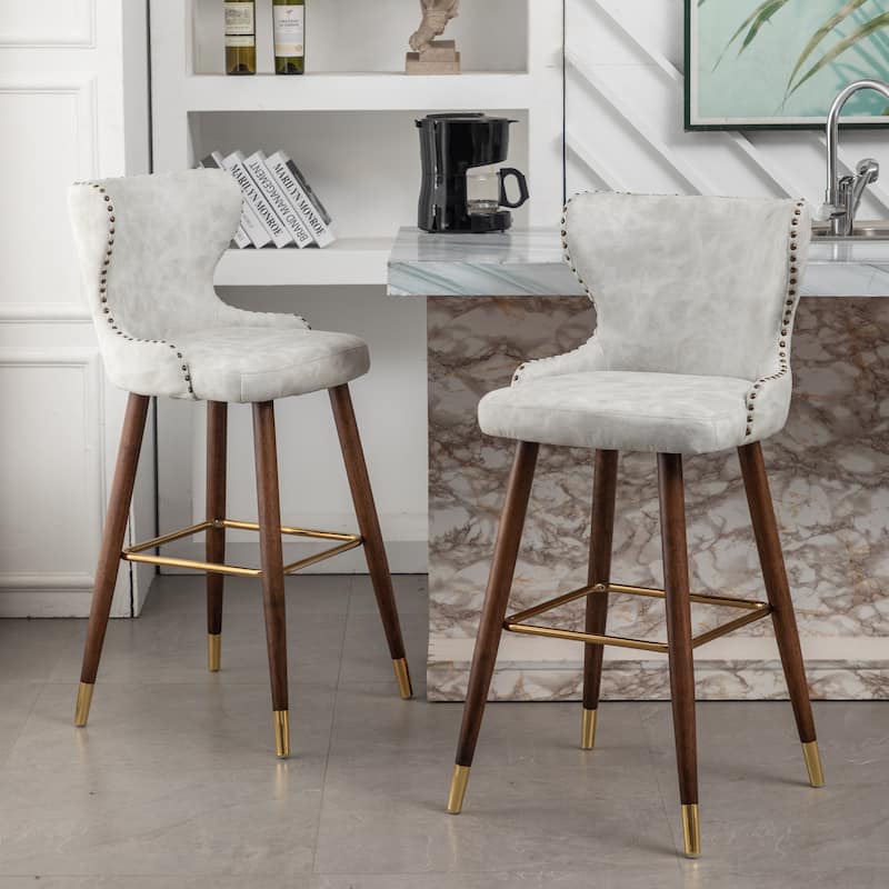 Nailhead Trim High Bar Stool, Faux Leather Bistro Counter Chair with Horn Backrest Kitchen Island Dining Chair, Set of 2
