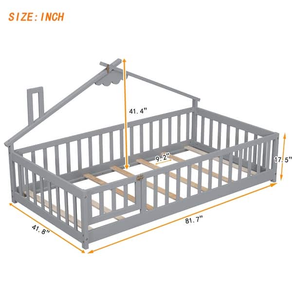 Twin Pine Wood House-Shaped Bedside Floor Bed with Guardrails, Door, Kids Girls Boys Bed Frame, No Need Spring Box, Grey - Door