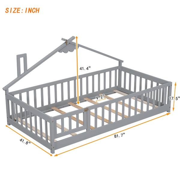 dimension image slide 4 of 6, Twin Pine Wood House-Shaped Bedside Floor Bed with Guardrails, Slats