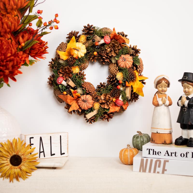 Pumpkins and Mushrooms Artificial Fall Harvest Wreath - 13" - Unlit