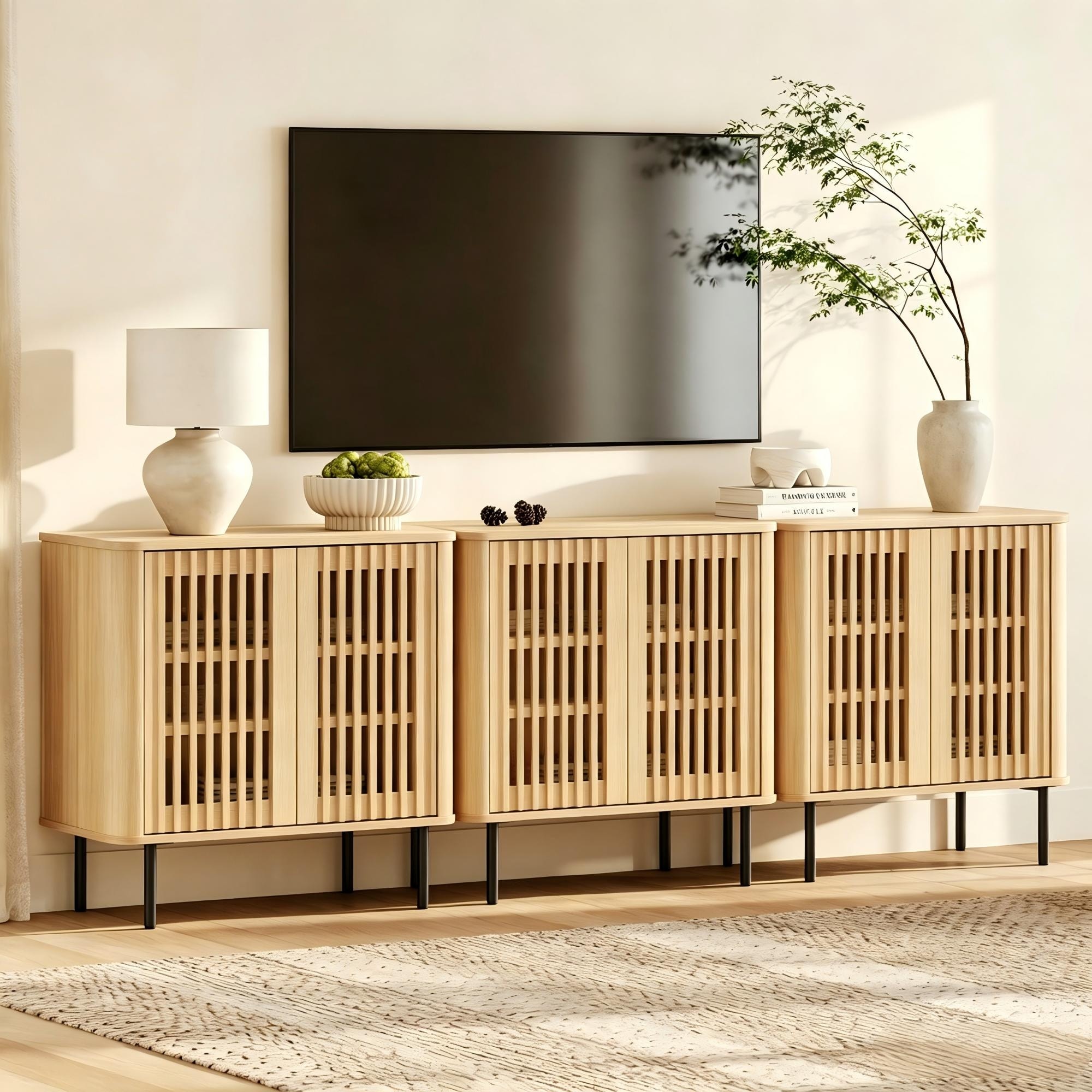 Fluted TV Stand for 75" TVs, Wood Entertainment Center with Doors Storage for Living Room, Bedroom