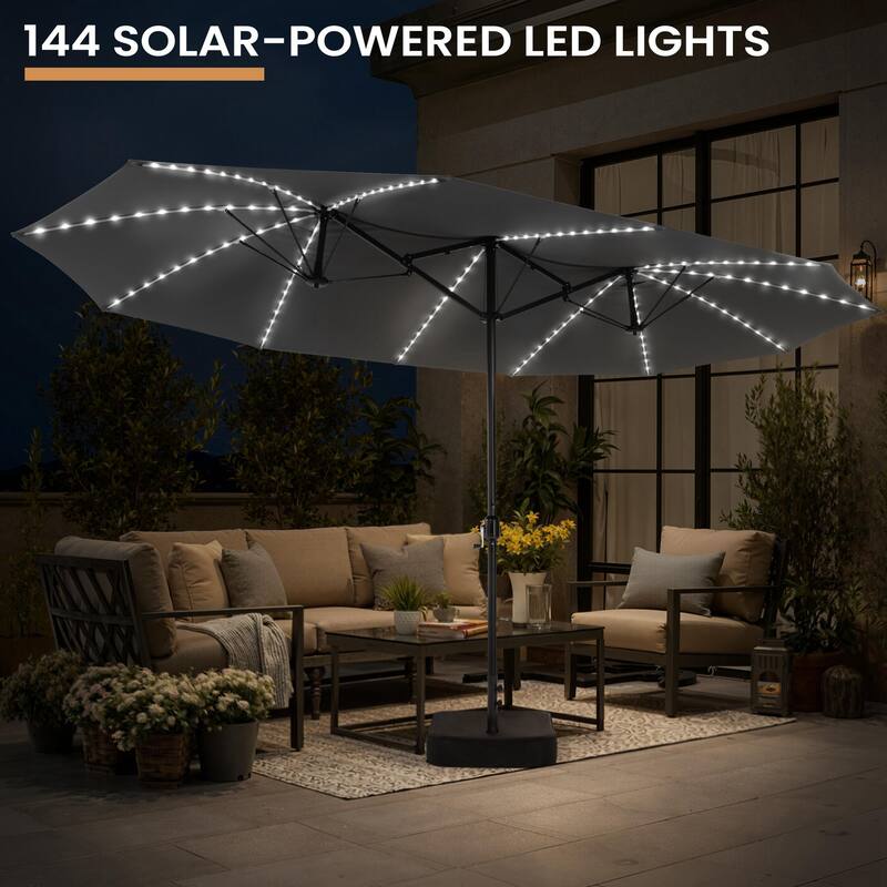 15ft Outdoor Patio Market Umbrella with Base and 144 Solar-Powered Led Lights