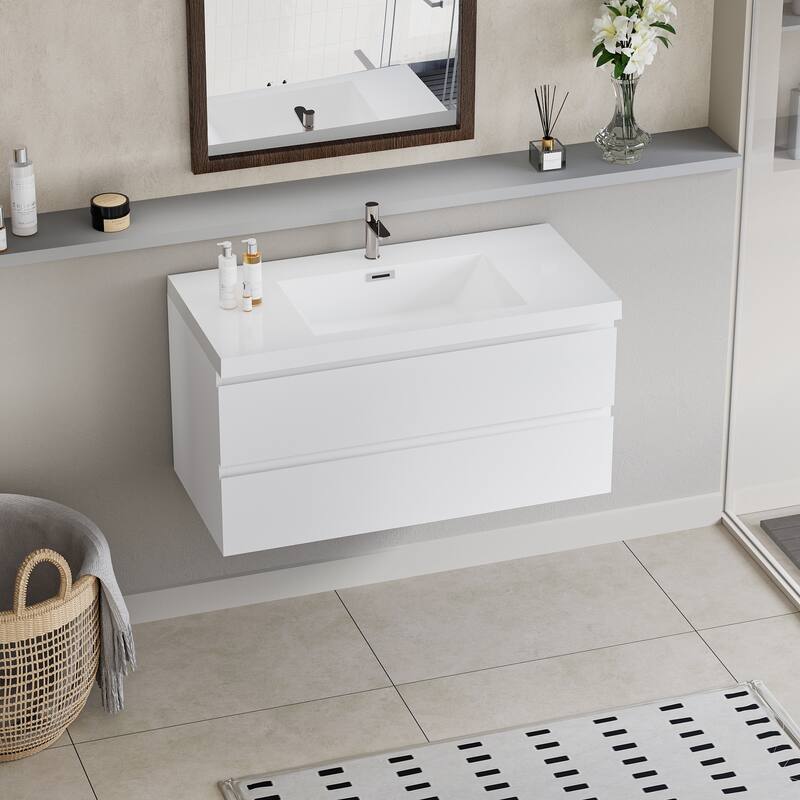35.5-Inch Floating Bathroom Vanity with Glossy Resin Sink, Ash Grey Color, Wall-Mounted Design, 2 Drawers