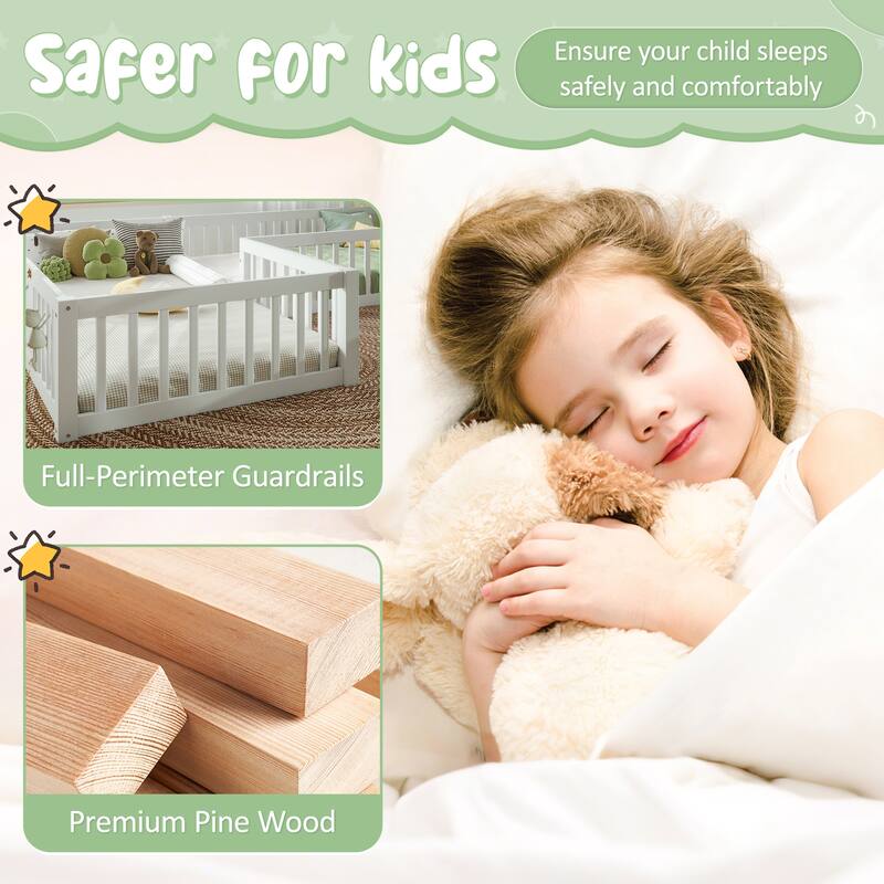 Modern House Floor Bed Frame, Double Floor Beds with Fence and Door