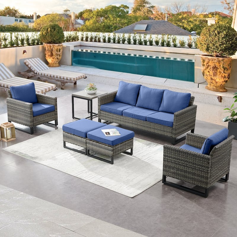 6 Piece 3-Seat Sofa Chair Table Set - Blue - Grey